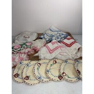 Lot of 14 Vintage Doilies Linen Lace Random Sizes Shapes Colors Clean!
